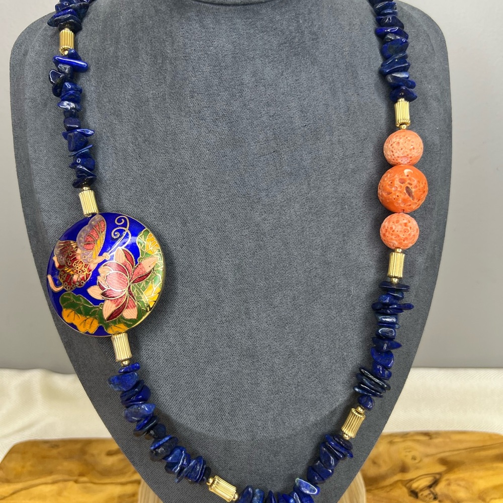 Lapis Lazuli Blue & Orange Sponge Coral Floral Cloisonné Pendant MJ Necklace - Picture 14 of 14